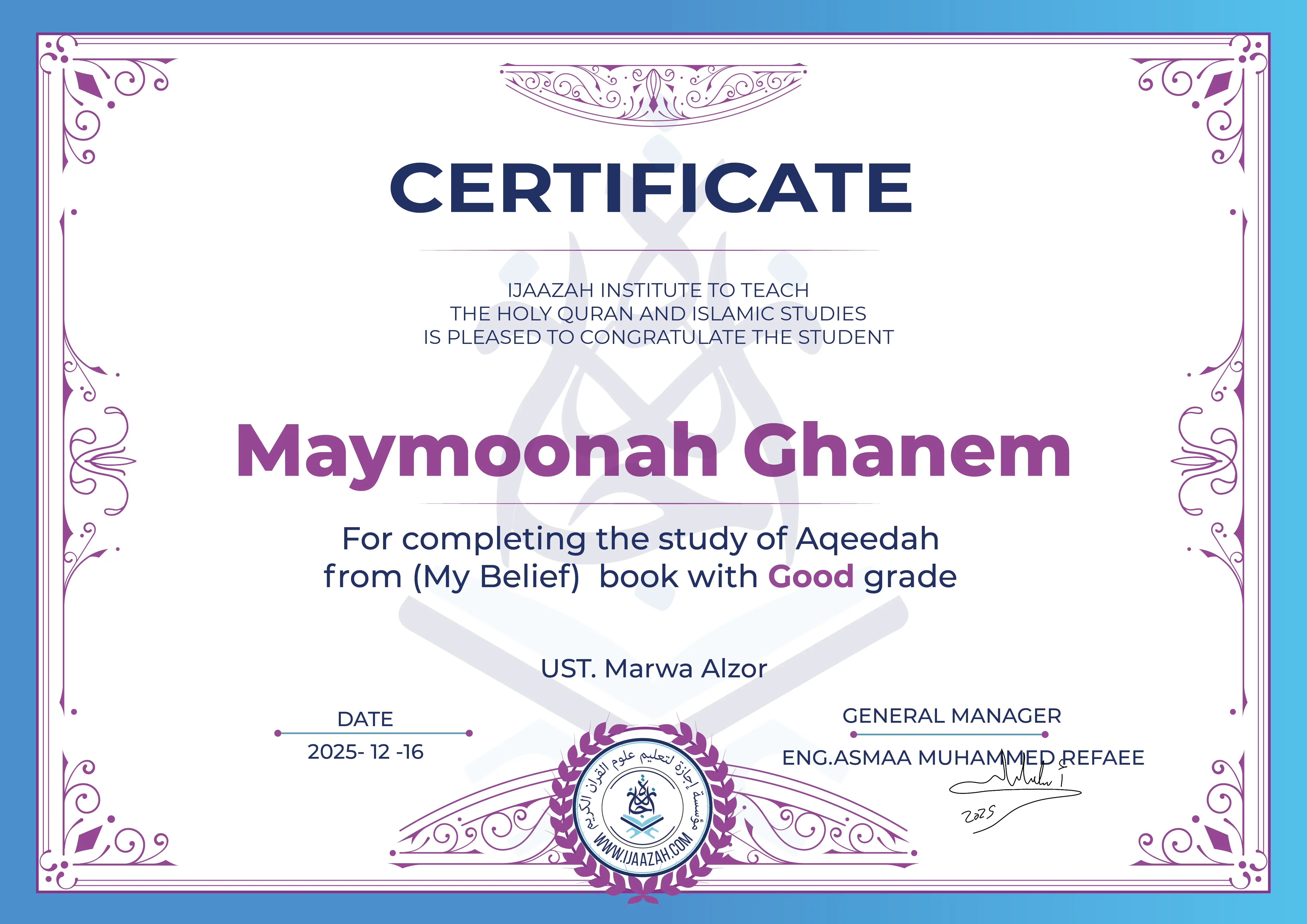 Maymoonah Ghanem - For completing the study of Aqeedah from (My Belief) book