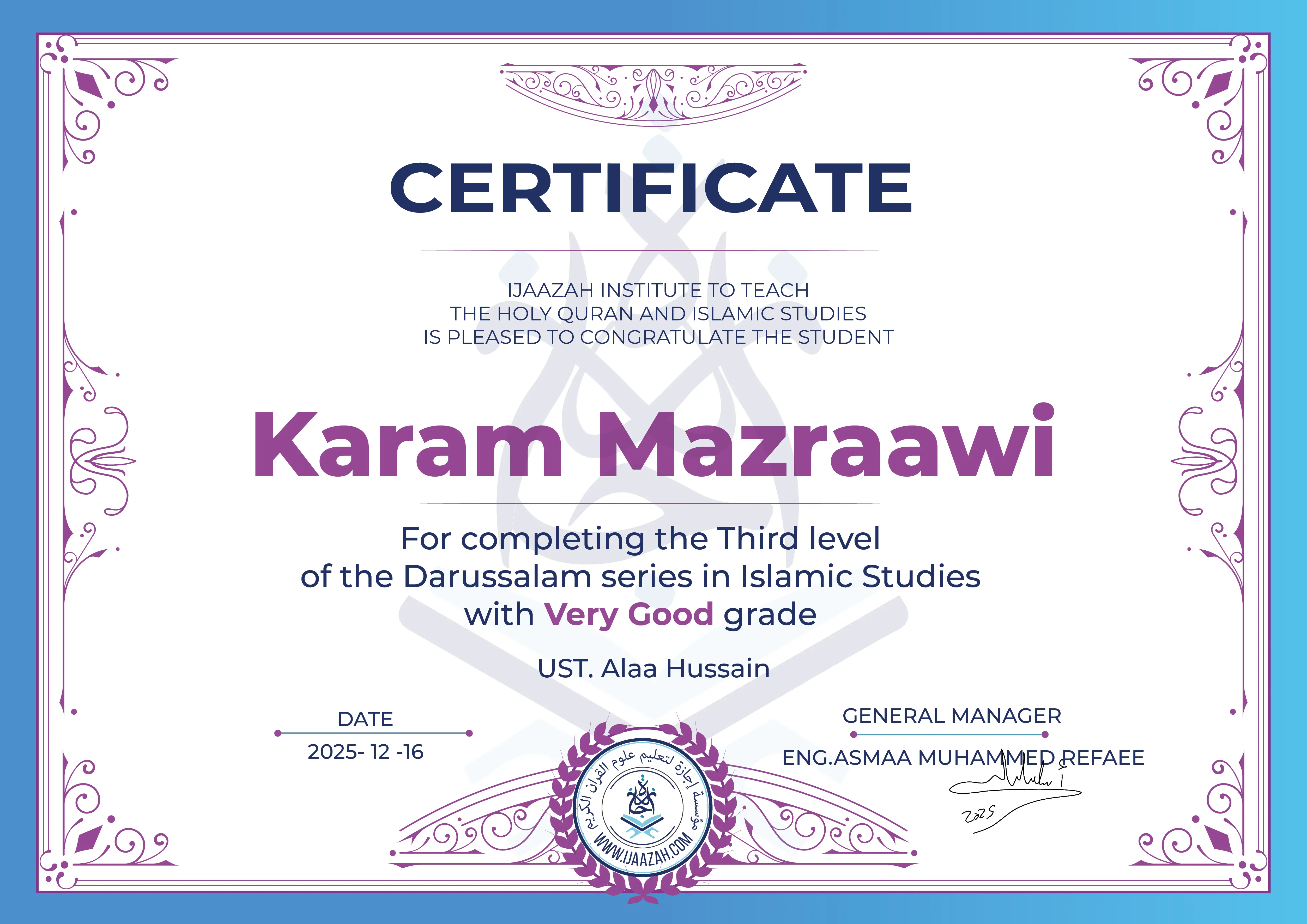 Karam Mazraawi - For completing the Third level of the Darussalam series in Islamic Studies