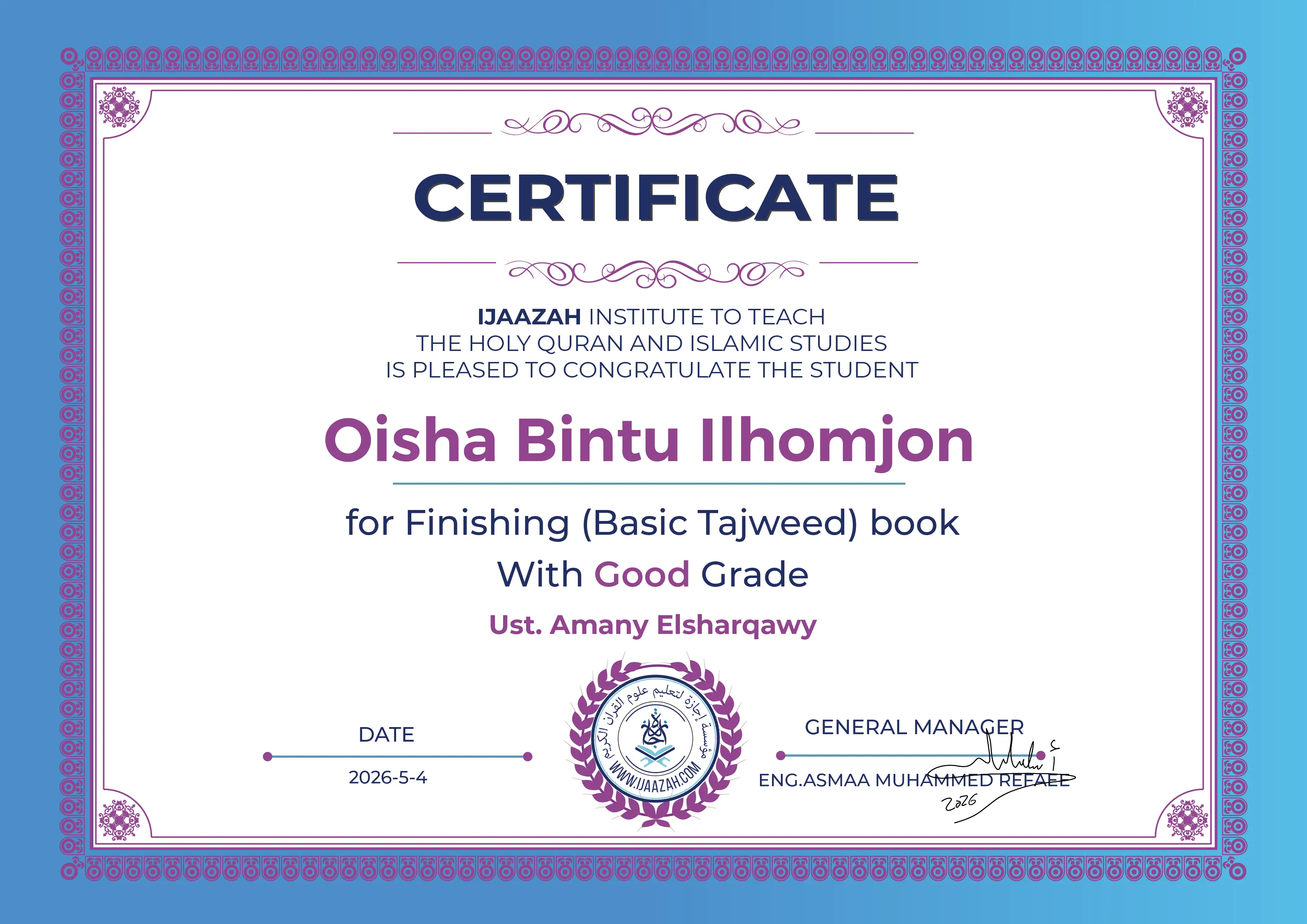 Oisha Bintu Ilhomjon - for Finishing (Basic Tajweed) book